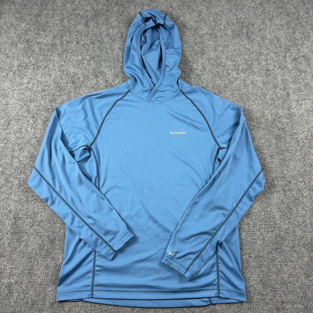 Simms SolarFlex Hoodie Mens S Blue UPF 50 Fishing Performance Sun Shirt Raglan